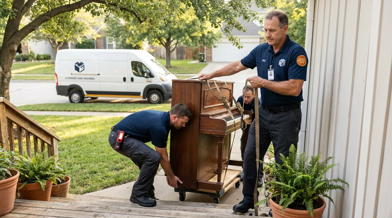Licensed piano movers securing grand piano in Lakeview, OR