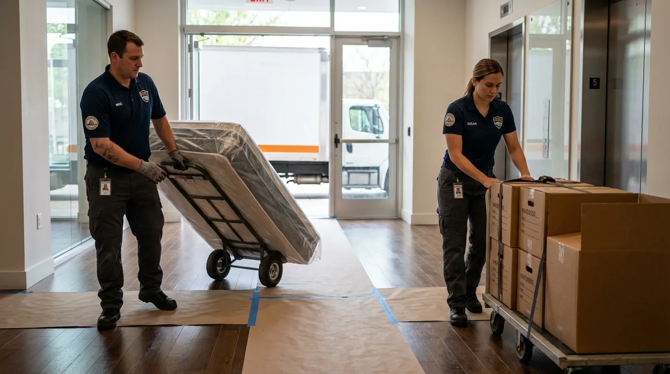 Professional apartment movers loading elevator in Lakeview, OR